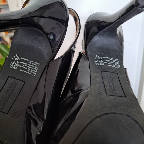 Christian Siriano Black Patent Peep-Toe Heels | Leopard Print Interior | Size 8. - Picture 10 of 12